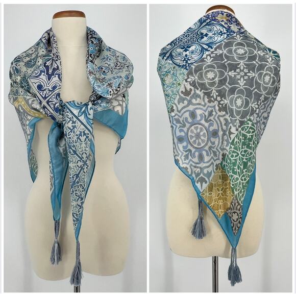 Johnny Was Silk Tassel Scarf Patchwork Mixed Print Square Wrap Blue Gray Green - Picture 10 of 12
